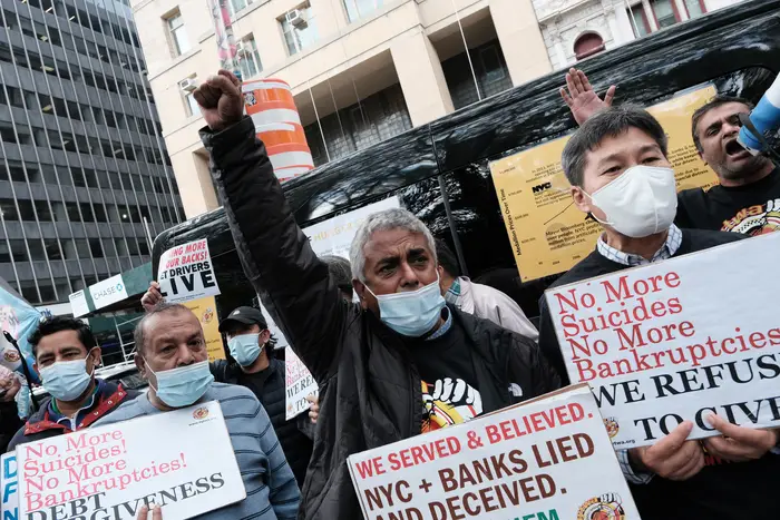New York City taxi drivers and their supporters demanding debt relief rally during the second week of a hunger strike outside City Hall on October 31st, 2021.